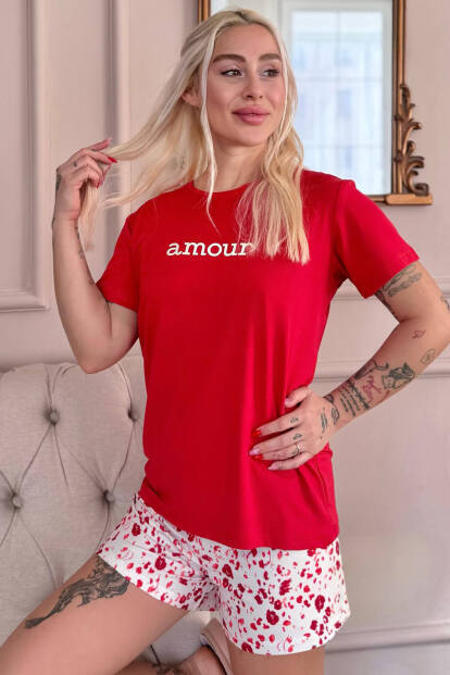 Kırmızı Amour Desenli Kısa Kollu Şortlu Örme Kadın Pijama Takımı - 6