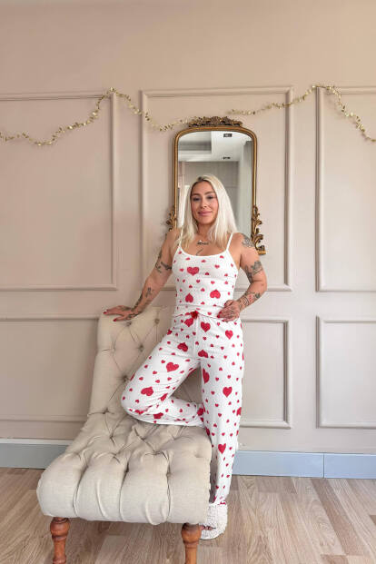 Kırmızı Amour Desenli Örme Askılı Kadın Pijama Takımı - 5
