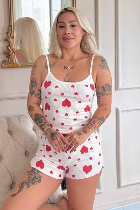 Kırmızı Amour Desenli Örme Askılı Şortlu Kadın Pijama Takımı - Pijamaevi