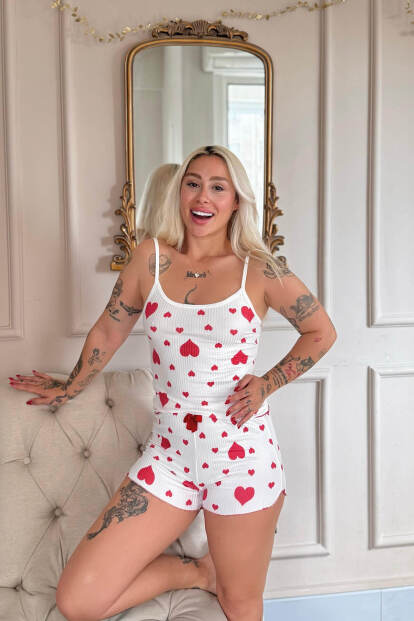Kırmızı Amour Desenli Örme Askılı Şortlu Kadın Pijama Takımı - 3