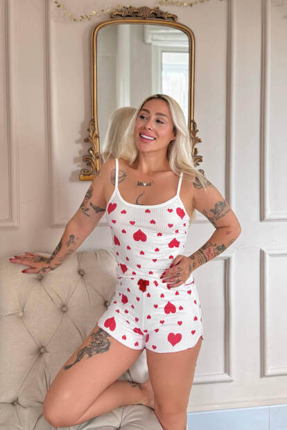 Kırmızı Amour Desenli Örme Askılı Şortlu Kadın Pijama Takımı - 4