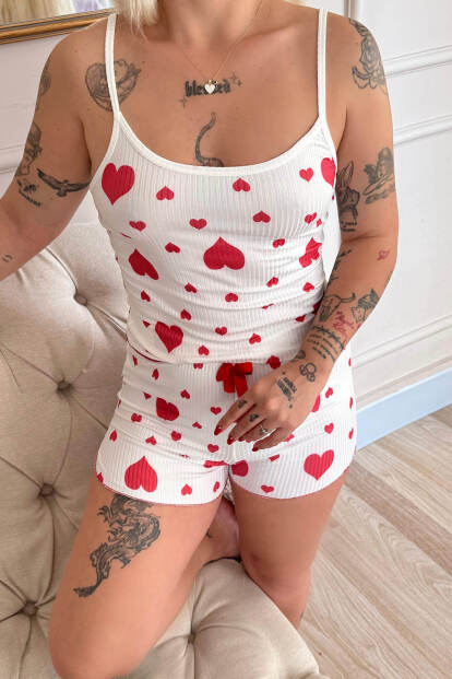 Kırmızı Amour Desenli Örme Askılı Şortlu Kadın Pijama Takımı - 5