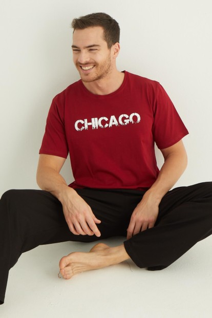 Kırmızı Baskılı Kısa Kollu Alt Uzun Erkek Pijama Takımı - 1