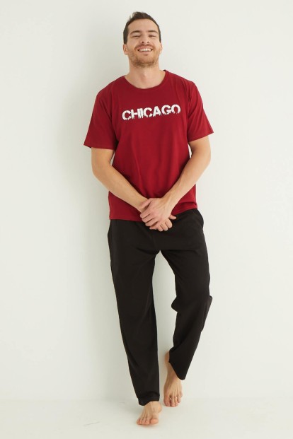 Kırmızı Baskılı Kısa Kollu Alt Uzun Erkek Pijama Takımı - 2