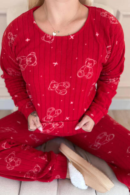 Kırmızı Bear Desenli Kanguru Cepli Peluş Polar Pijama Takımı - 5