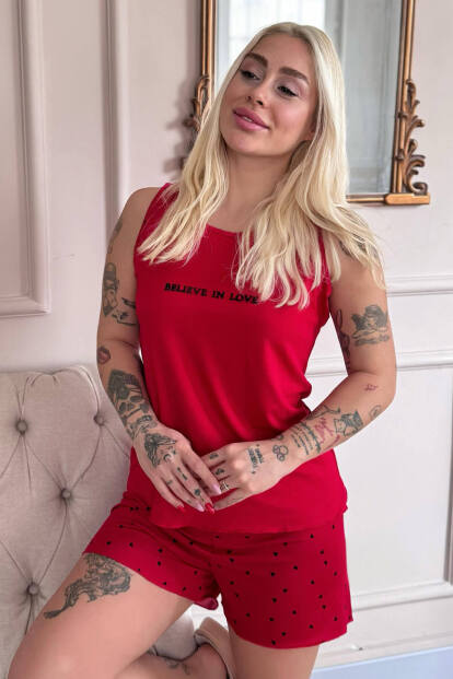 Kırmızı Believe Desenli Bambu Sıfır Kol Şortlu Kadın Pijama Takımı - 1
