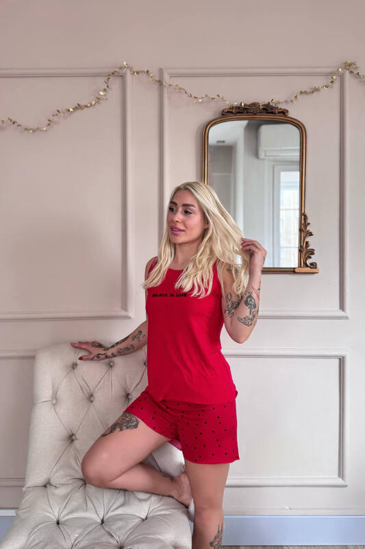 Kırmızı Believe Desenli Bambu Sıfır Kol Şortlu Kadın Pijama Takımı - Pijamaevi (1)