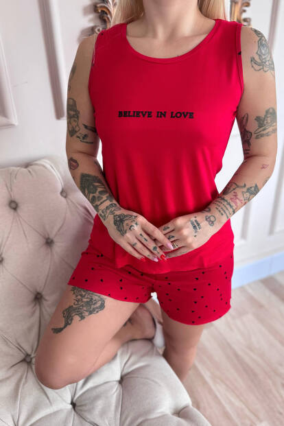 Kırmızı Believe Desenli Bambu Sıfır Kol Şortlu Kadın Pijama Takımı - 4