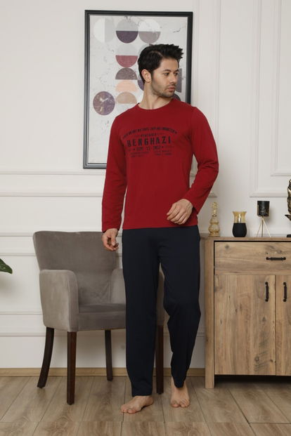 Kırmızı Benghazi Baskılı Uzun Kollu Erkek Pijama Takımı - 1