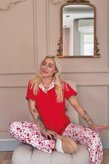 Kırmızı Blossom Exclusive Önden Düğmeli Kadın Pijama Takımı - 2