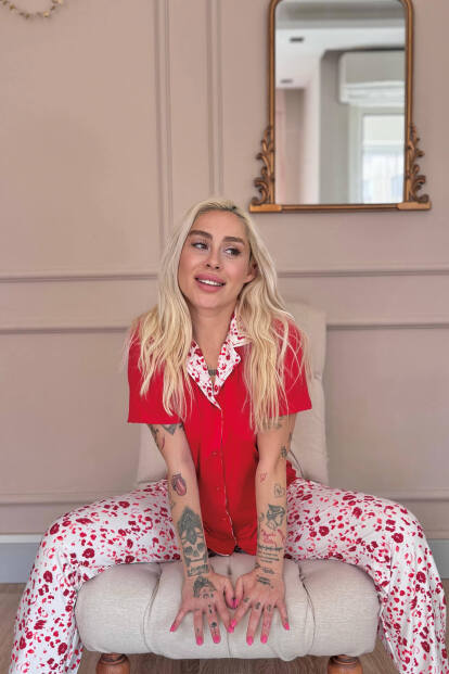 Kırmızı Blossom Exclusive Önden Düğmeli Kadın Pijama Takımı - 3