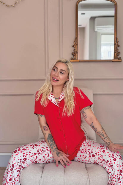Kırmızı Blossom Exclusive Önden Düğmeli Kadın Pijama Takımı - 4