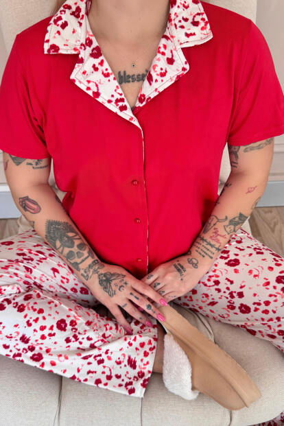 Kırmızı Blossom Exclusive Önden Düğmeli Kadın Pijama Takımı - 5