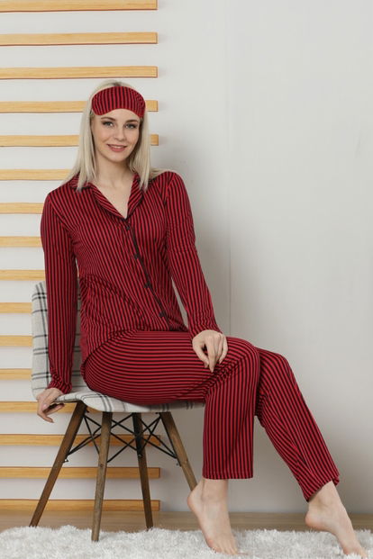 Kırmızı Çizgili Viskon Önden Düğmeli Pijama Takımı - 1