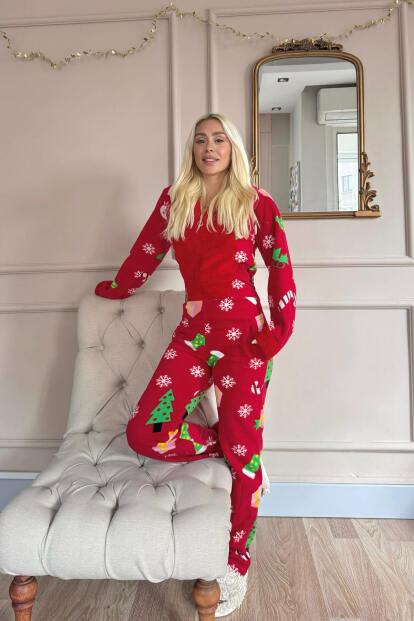 Kırmızı Crimson Desenli Kadın Polar Peluş Tulum Pijama - 6