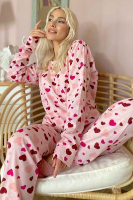 Kırmızı Croi Baskılı Uzun Kol Kadın Pijama Takımı - 1