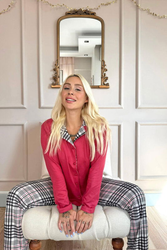 Kırmızı Cuadros Desenli Termal Önden Düğmeli Kadın Pijama Takımı - Pijamaevi (2)