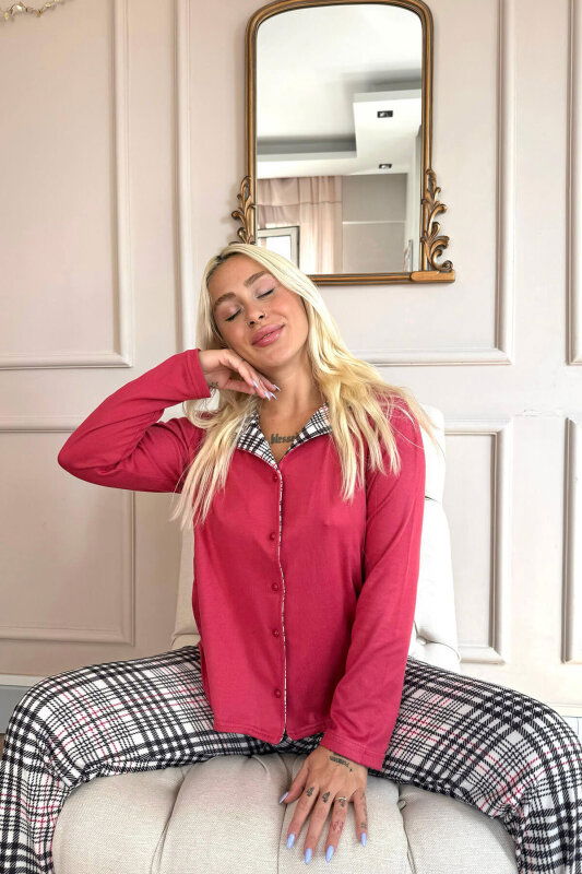 Kırmızı Cuadros Desenli Termal Önden Düğmeli Kadın Pijama Takımı - Pijamaevi (3)