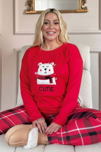 Kırmızı Cutie Desenli Termal Kadın Pijama Takımı 