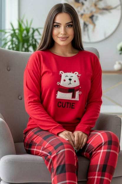 Kırmızı Cutie Desenli Termal Kadın Pijama Takımı 