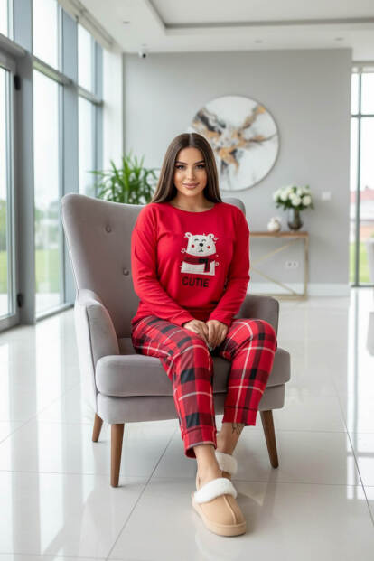 Kırmızı Cutie Desenli Termal Kadın Pijama Takımı - 5