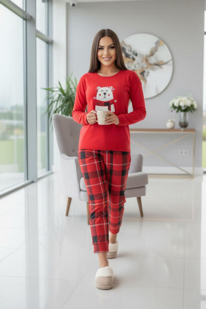 Kırmızı Cutie Desenli Termal Kadın Pijama Takımı - 6