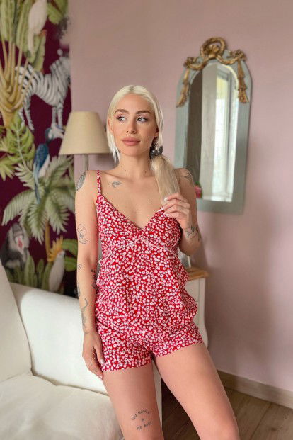 Kırmızı Daisy Baskılı Dokuma İp Askı Şortlu Pijama Takımı - 2