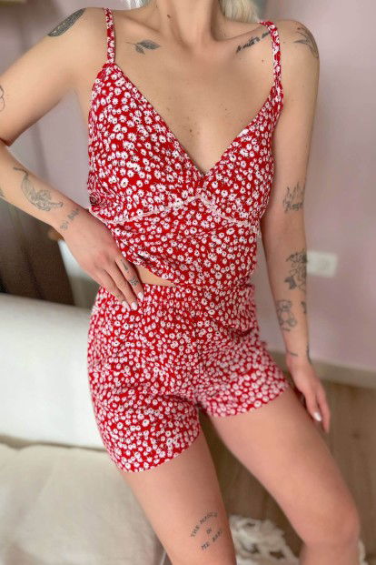 Kırmızı Daisy Baskılı Dokuma İp Askı Şortlu Pijama Takımı - 4