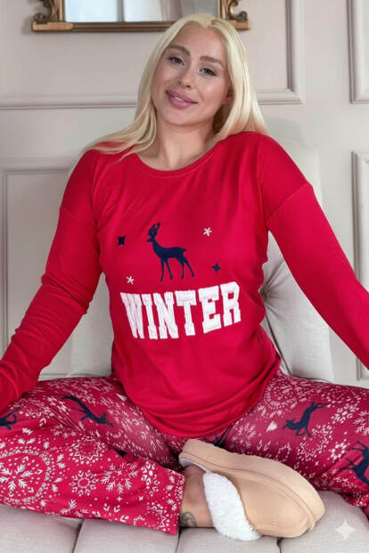 Kırmızı Deer Winter Desenli Termal Kadın Pijama Takımı - 1
