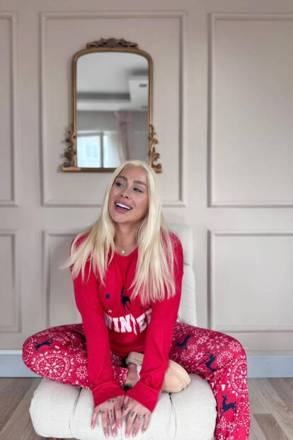 Kırmızı Deer Winter Desenli Termal Kadın Pijama Takımı - 2