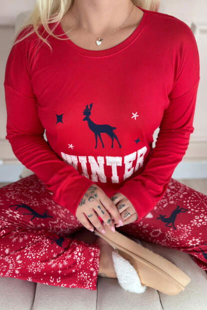 Kırmızı Deer Winter Desenli Termal Kadın Pijama Takımı - 4