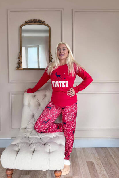 Kırmızı Deer Winter Desenli Termal Kadın Pijama Takımı - 5