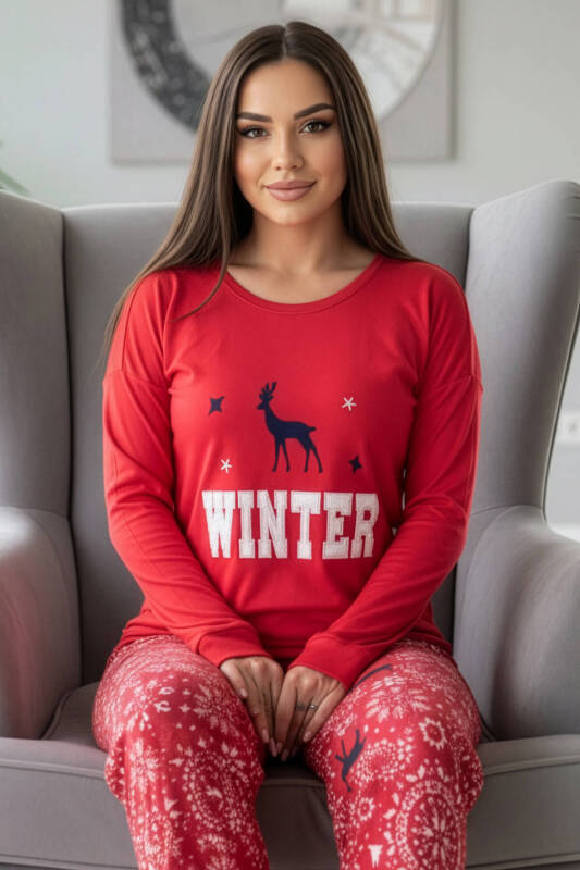 Kırmızı Deer Winter Desenli Termal Kadın Pijama Takımı - Pijamaevi