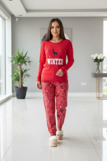 Kırmızı Deer Winter Desenli Termal Kadın Pijama Takımı - 5
