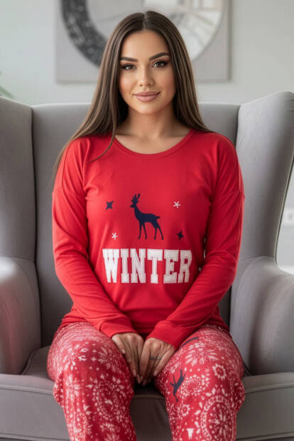 Kırmızı Deer Winter Desenli Termal Kadın Pijama Takımı - 6