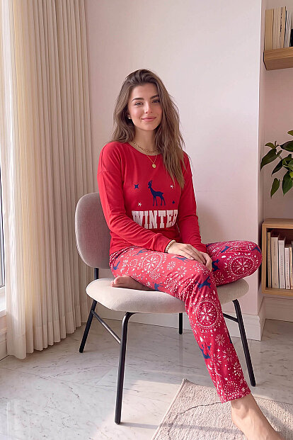 Kırmızı Deer Winter Desenli Termal Kadın Pijama Takımı - 3
