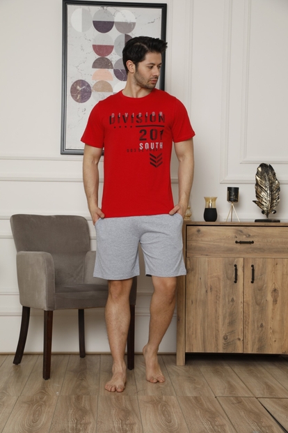 Kırmızı Division Baskılı Şortlu Kısa Kollu Erkek Pijama Takımı - 1