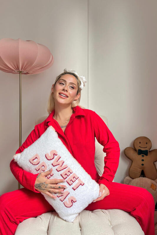 Kırmızı Düz Önden Düğmeli Peluş Polar Pijama Takımı - Pijamaevi (2)