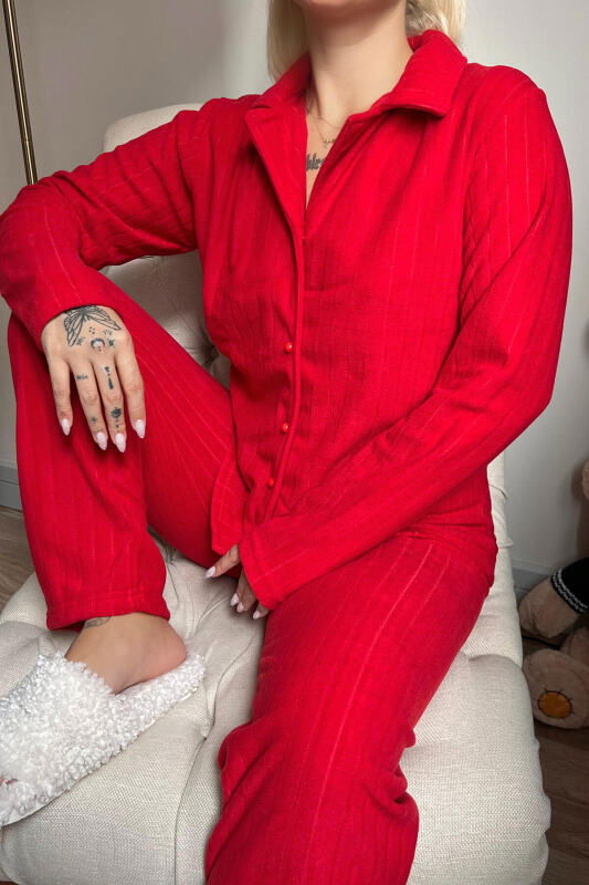 Kırmızı Düz Önden Düğmeli Peluş Polar Pijama Takımı - Pijamaevi (3)