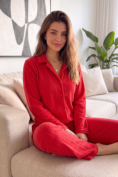 Kırmızı Düz Önden Düğmeli Peluş Polar Pijama Takımı - 5