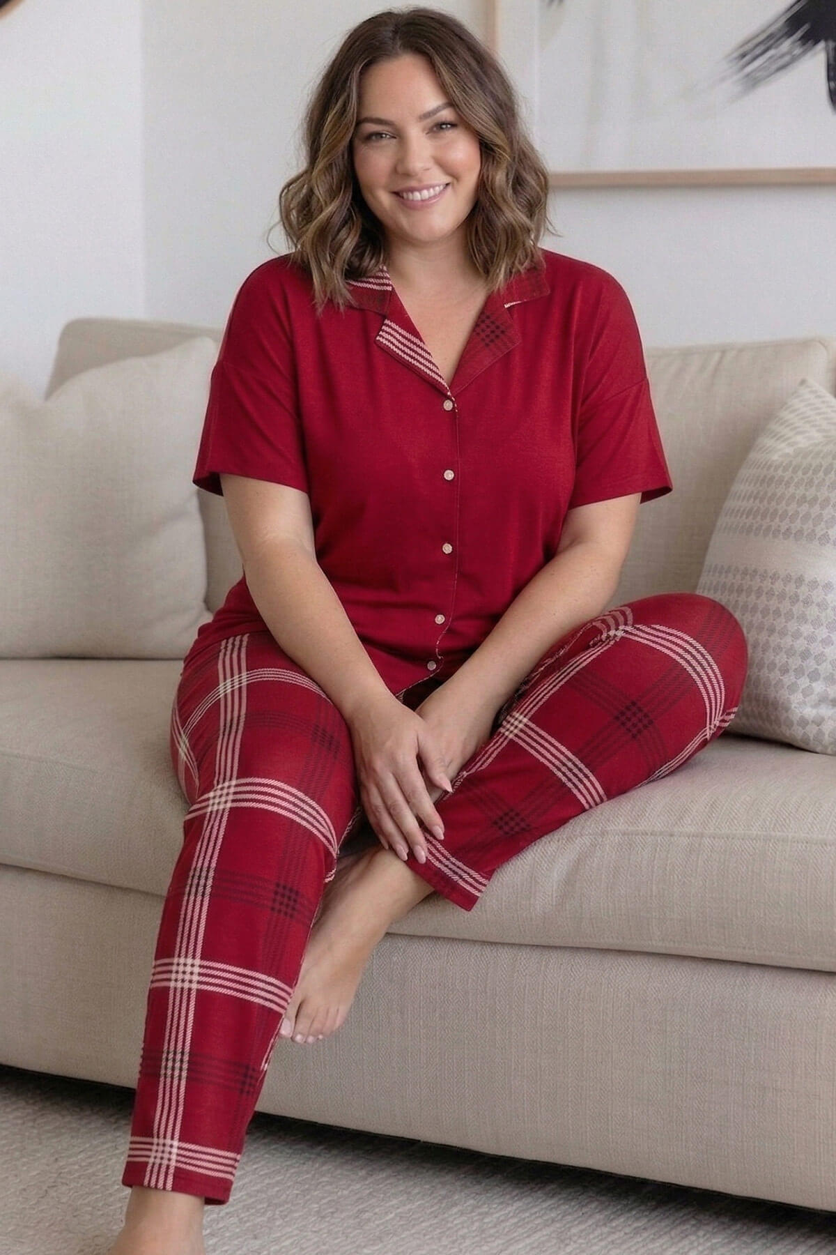 Kırmızı Ekose Büyük Beden Kısa Kollu Önden Düğmeli Bambu Kadın Pijama Takımı - Pijamaevi