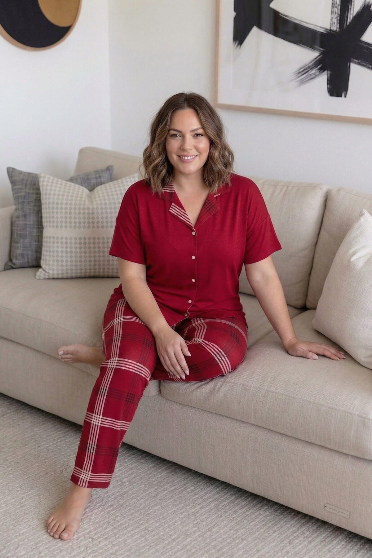 Kırmızı Ekose Büyük Beden Kısa Kollu Önden Düğmeli Bambu Kadın Pijama Takımı - Pijamaevi (1)