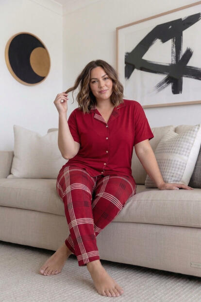 Kırmızı Ekose Büyük Beden Kısa Kollu Önden Düğmeli Bambu Kadın Pijama Takımı - 3