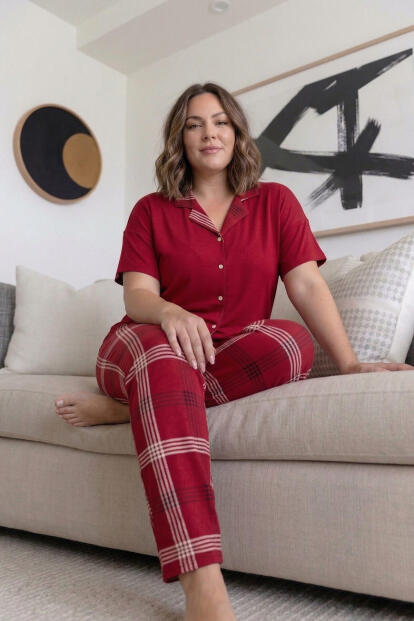 Kırmızı Ekose Büyük Beden Kısa Kollu Önden Düğmeli Bambu Kadın Pijama Takımı - 4