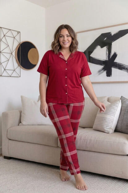 Kırmızı Ekose Büyük Beden Kısa Kollu Önden Düğmeli Bambu Kadın Pijama Takımı - 5