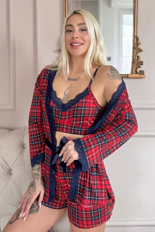 Kırmızı Ekose Desenli Bambu Crop Sabahlıklı Şortlu Kadın Pijama Takımı - Pijamaevi