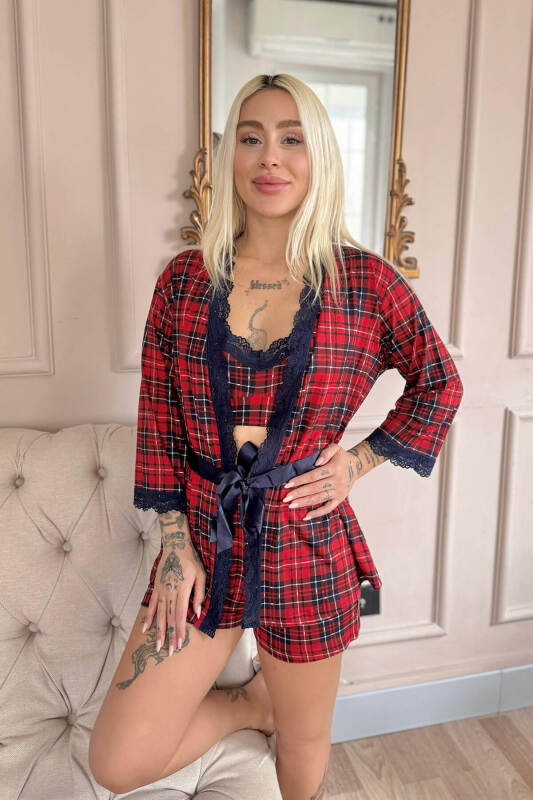 Kırmızı Ekose Desenli Bambu Crop Sabahlıklı Şortlu Kadın Pijama Takımı - Pijamaevi (1)