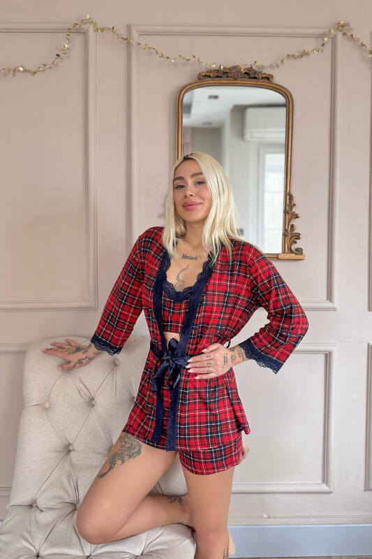 Kırmızı Ekose Desenli Bambu Crop Sabahlıklı Şortlu Kadın Pijama Takımı - Pijamaevi (2)