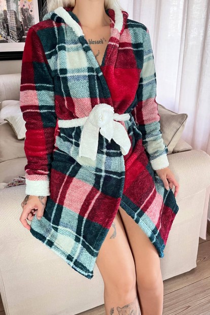 Kırmızı Ekose Desenli Peluş Polar Kadın Sabahlık - 5