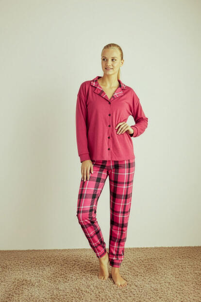 Kırmızı Ekose Desenli Termal Önden Düğmeli Uzun Kollu Kadın Pijama Takımı - 4